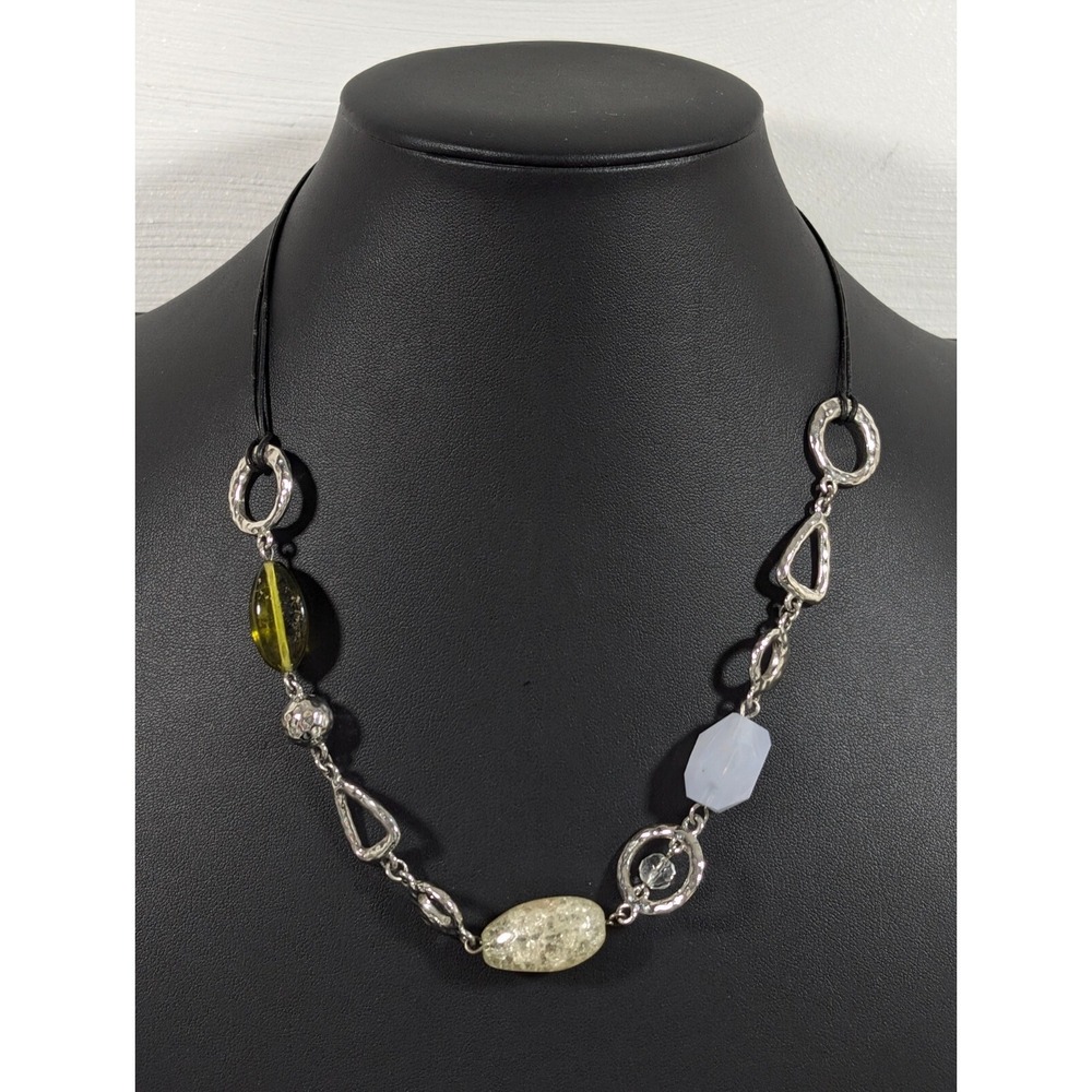 Lia Sophia Green Glass Hammered Silver Tone Triangle Cord Necklace 21 in